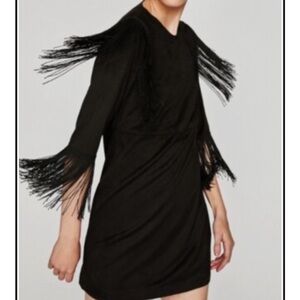 Zara Black Fringe-Sleeve Mini Dress XS